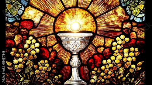 A luminous stained glass art of a glowing chalice and host, surrounded by clusters of grapes and wheat,