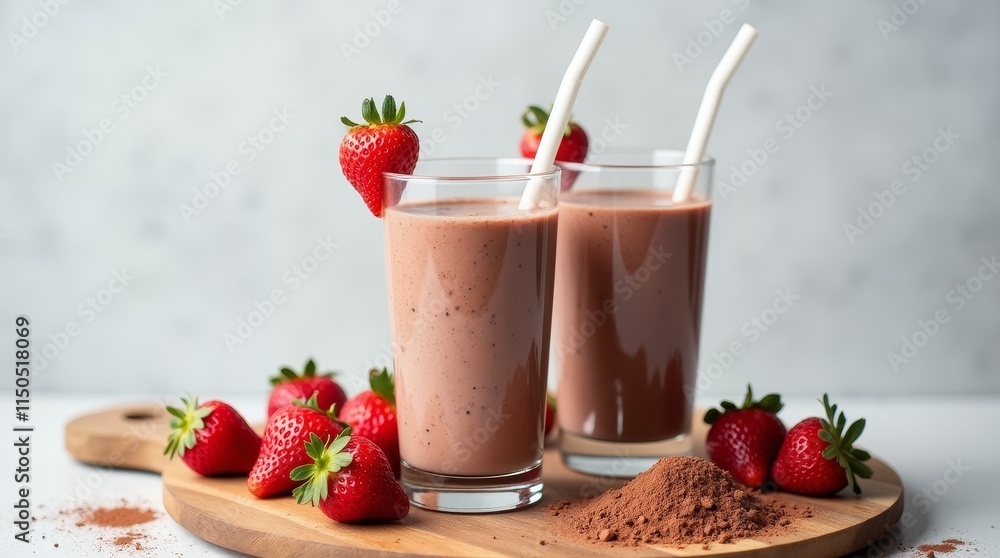 Strawberry and Chocolate Smoothie in Tall Glasses Strawberry and Chocolate Smoothie in Tall Glasses