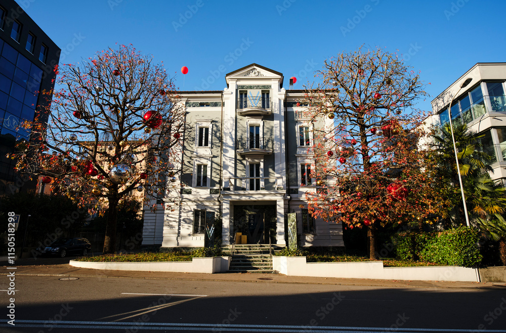 Obraz premium uptown fancy house among trees with Christmas decorations