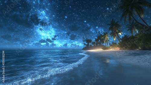 A serene and enchanting night-time beach scene with a star-filled sky.