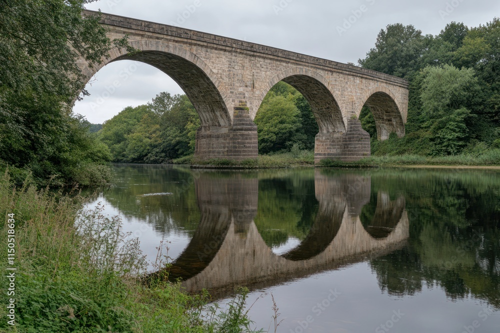 Fototapeta premium Stone Arch Bridge Reflecting in Calm River Water