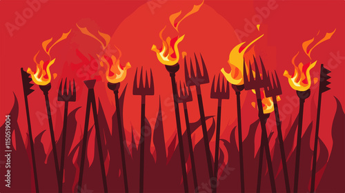 Angry Mob with Pitchforks and Torches Flat Vector Illustration photo