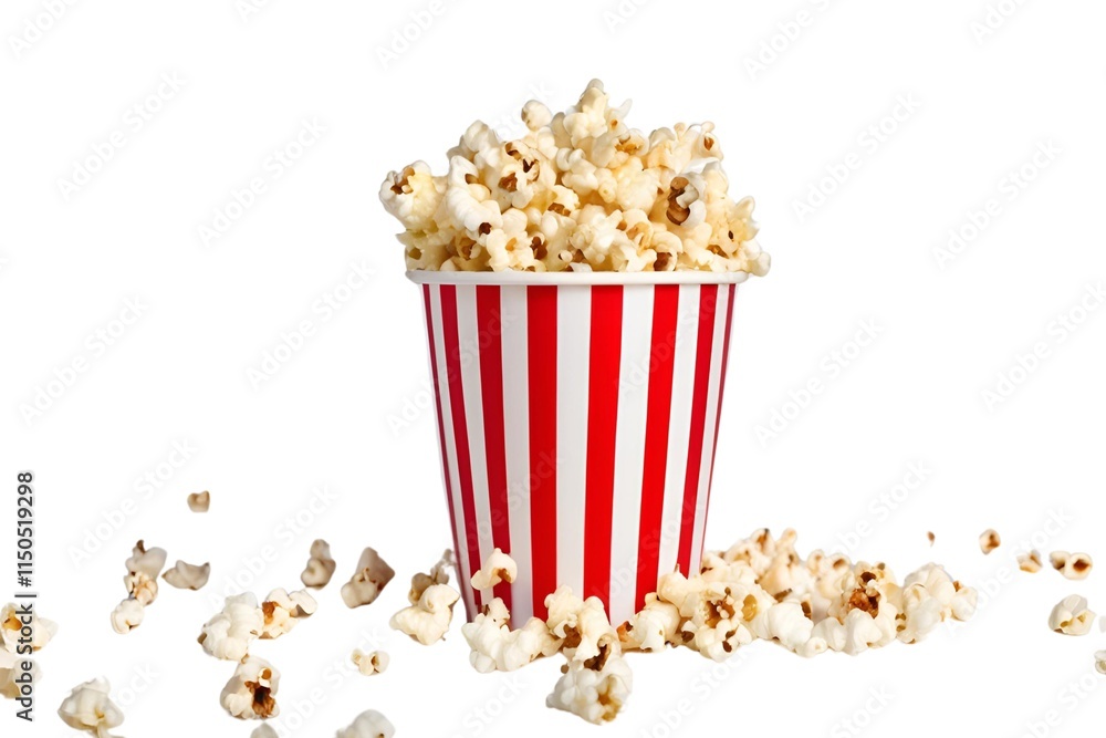 Popcorn flying out of redwhite striped paper cup isolated on white background Popcorn flying out of redwhite striped paper cup isolated on white background