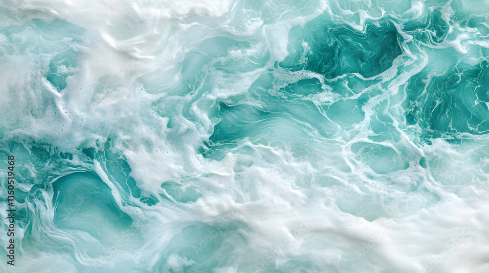 Fototapeta premium A soft texture resembling the calm surface of a lagoon with gentle gradients of aqua and teal blending into white foam patterns.