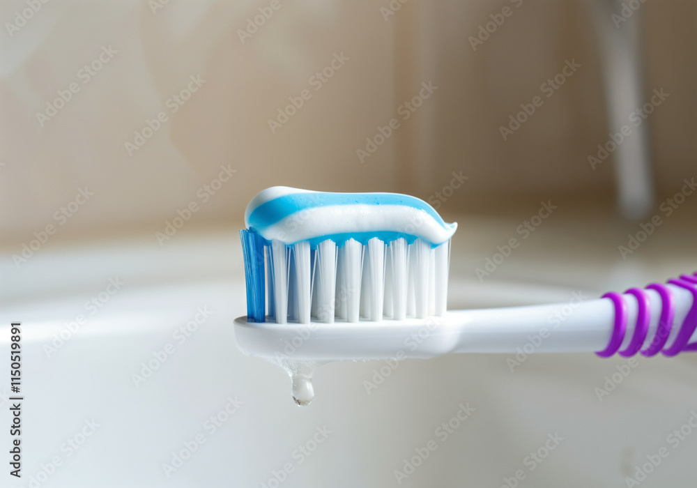 White and blue striped toothpaste squeezed onto toothbrush with drop about to fall into sink White and blue striped toothpaste squeezed onto toothbrush with drop about to fall into sink
