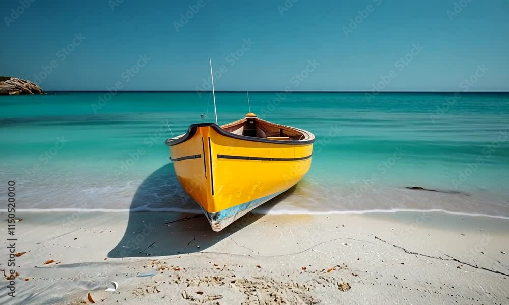 Yellow boat on a tranquil beach with turquoise water and clear blue sky. Yellow boat on a tranquil beach with turquoise water and clear blue sky.