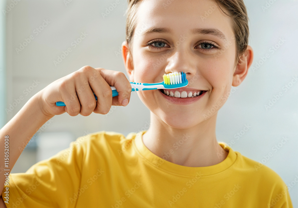Smiling young boy brushing his teeth with a toothbrush and toothpaste in bathroom Smiling young boy brushing his teeth with a toothbrush and toothpaste in bathroom