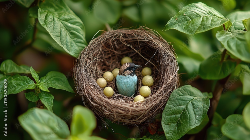 Fototapeta premium Tiny bird nestled in a leafy sanctuary with eggs