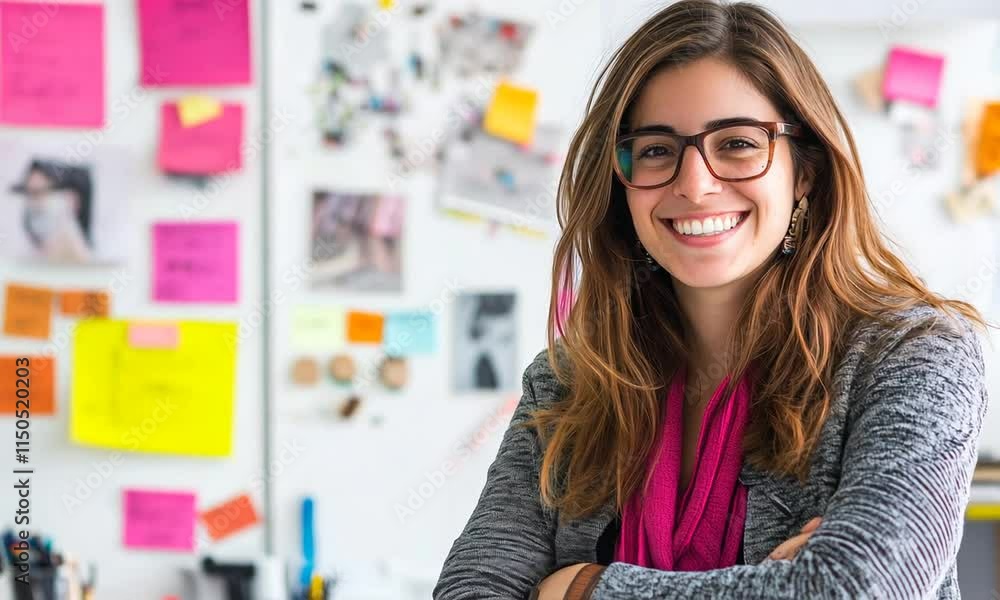 Female designer working confidently in modern office, smiling professionally while standing near computer, embodying creative workplace expertise Female designer working confidently in modern office, smiling professionally while standing near computer, embodying creative workplace expertise