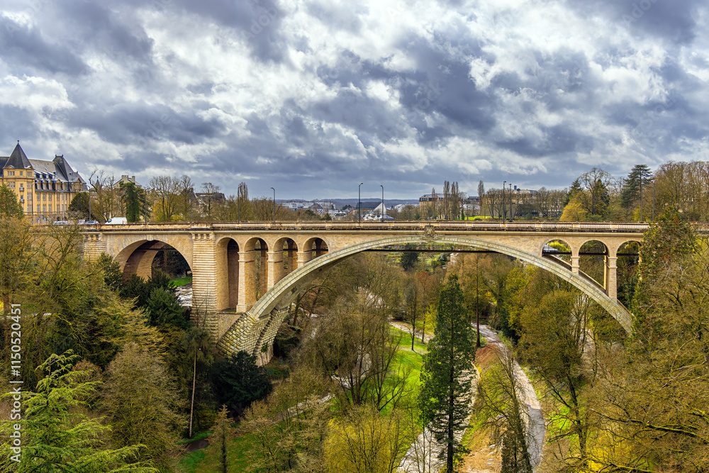 Fototapeta premium Luxembourg City, Adolphe bridge, heavy clouds