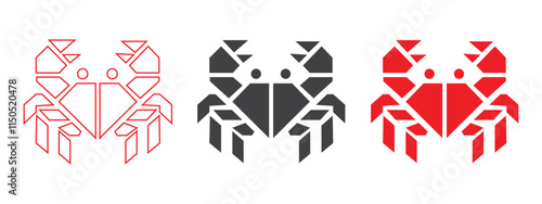 a vector illustration of an geometric shape crab, outline and black filled icon symbol graphics on white background 