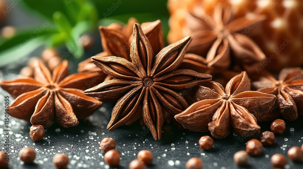 Close-up of star anise spice with peppercorns on dark surface. Close-up of star anise spice with peppercorns on dark surface.