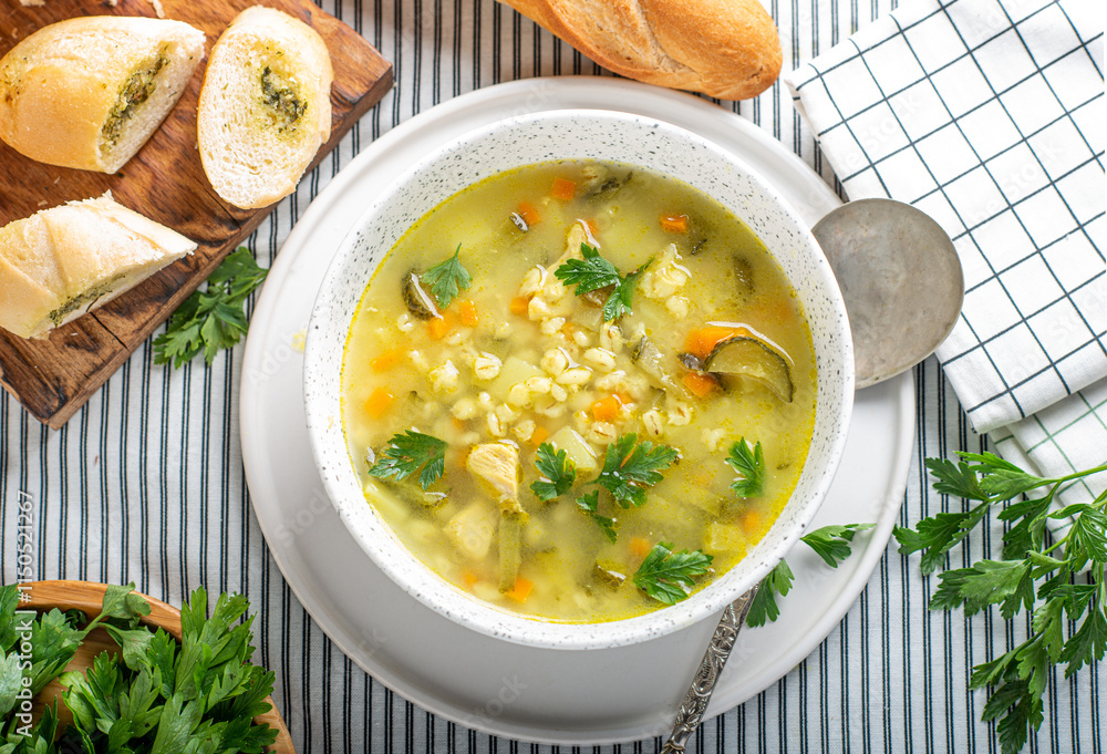 Soup with pickled cucumber and pearl barley in a bowl, on a light background. Pickle in a plate on the table. Rassolnik Soup with pickled cucumber and pearl barley in a bowl, on a light background. Pickle in a plate on the table. Rassolnik
