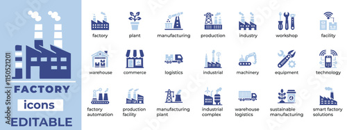 Factory Icon Set  Editable icons for automation, manufacturing, machinery, efficiency, and production
