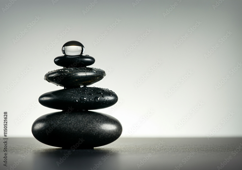 Black balancing stones with water drops and a glass sphere on top, representing peace, mindfulness, and wellness Black balancing stones with water drops and a glass sphere on top, representing peace, mindfulness, and wellness