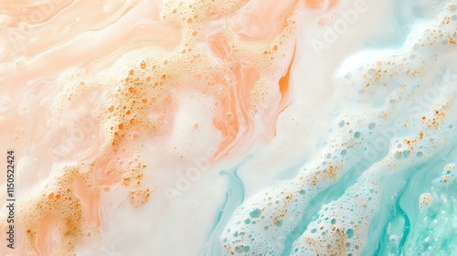 Gentle pastel tones of peach and aqua merge with soft golden highlights over a textured white canvas, forming an elegant and serene effect photo