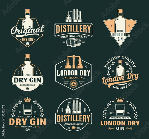 Vector gin and distillery vintage logo. Gin and distilling business branding and identity design elements