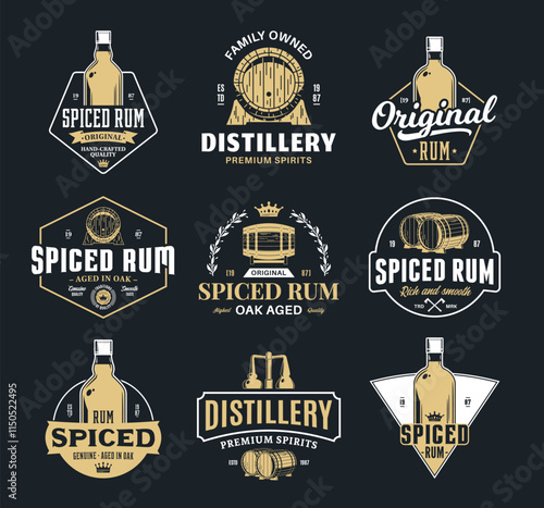 Vector white and gold rum logo isolated on a black background. Rum vintage badges. Distilling business branding and identity design elements