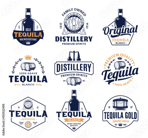 Vector blue and gold tequila logo. Tequila and distilling business branding and identity design elements