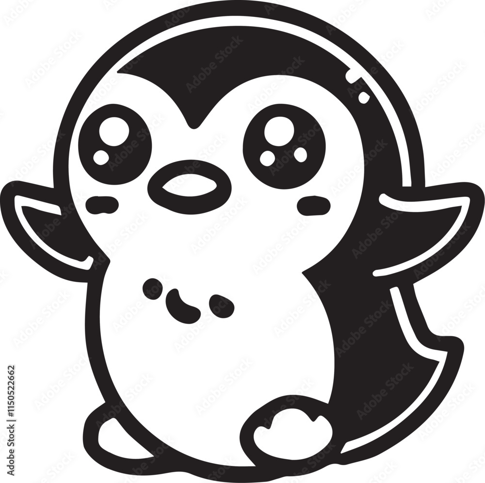 A cartoon penguin with a black and white face.
A cartoon penguin with a black and white face.