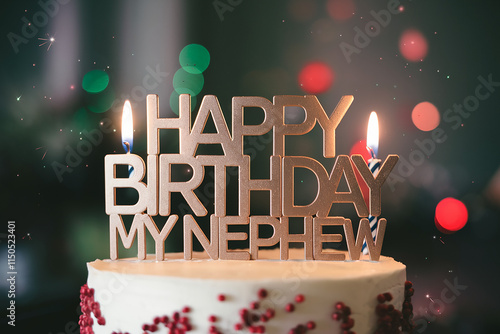 Happy Birthday my nephew in sleek gold letters, with 