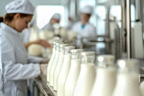 Skilled workers in white uniforms carefully fill glass bottles with fresh milk at a dairy plant