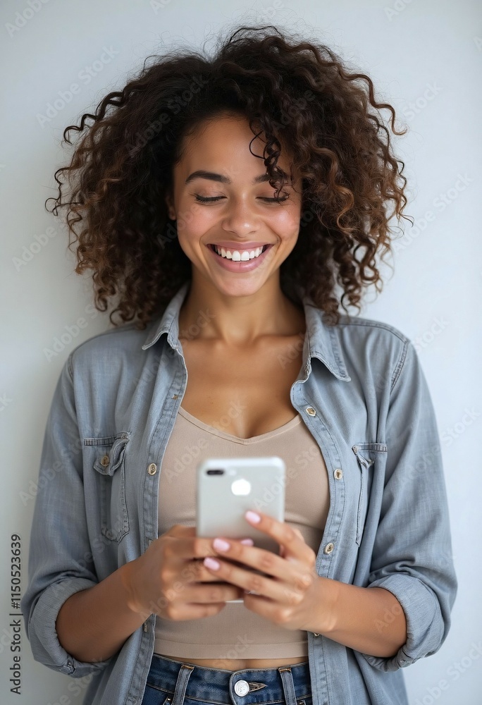 Joyful Connection: A young woman beams with happiness as she scrolls through her phone, her infectious smile radiating pure joy and contentment. Joyful Connection: A young woman beams with happiness as she scrolls through her phone, her infectious smile radiating pure joy and contentment.