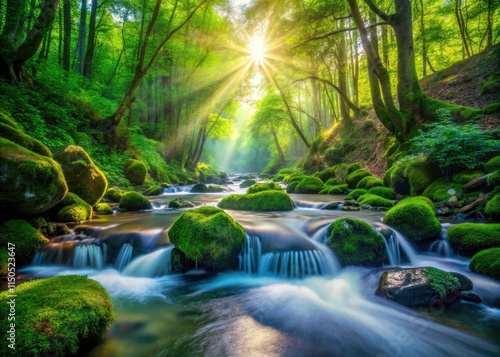 Sunlight dapples a serene forest stream, deep depth of field capturing nature's tranquility.