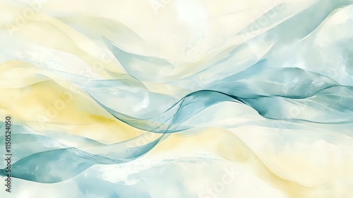 Gentle watercolor swirls of pale yellow and aqua ripple across a soft ivory canvas, accented by shimmering silver streaks photo