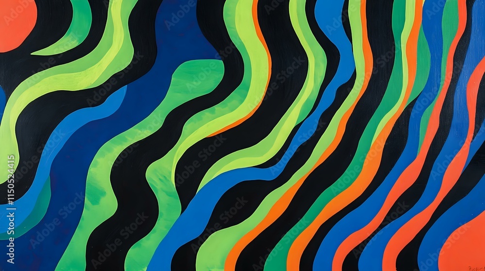 Radiant bursts of lime green and neon orange ripple into dynamic curves of cobalt blue and black, forming a lively abstract composition Radiant bursts of lime green and neon orange ripple into dynamic curves of cobalt blue and black, forming a lively abstract composition
