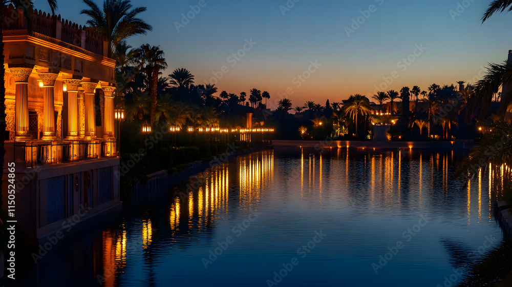 Obraz premium A tranquil view of the Hanging Gardens of Babylon at twilight with glowing lamps casting reflections on the water.