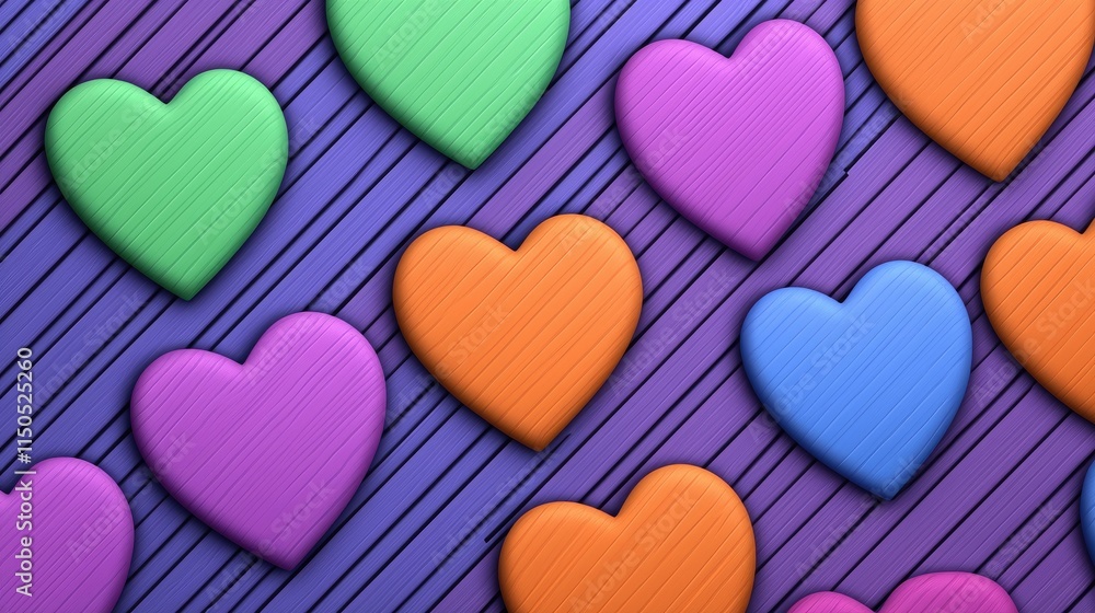 Fototapeta premium Colorful heart shapes pattern on purple background digital art creative design abstract environment top view love concept