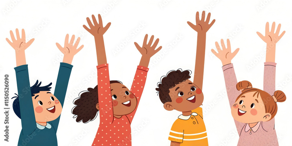 Four kids with joyful expressions are raising their hands high, each in colorful outfits. They appear animated and full of energy, set against a white background.AI generated. Four kids with joyful expressions are raising their hands high, each in colorful outfits. They appear animated and full of energy, set against a white background.AI generated.
