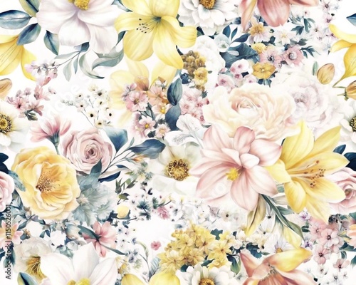 Watercolor Floral Seamless Pattern with Yellow Lilies, Roses, and Delicate Blossoms