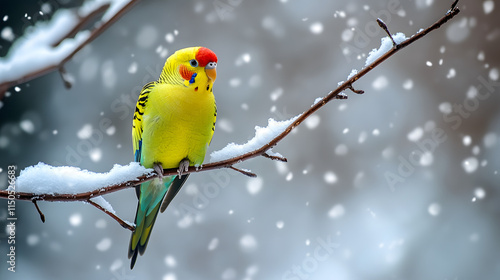 A vibrant parakeet perched on a snowy twig tilting its head as it looks at the camera. photo