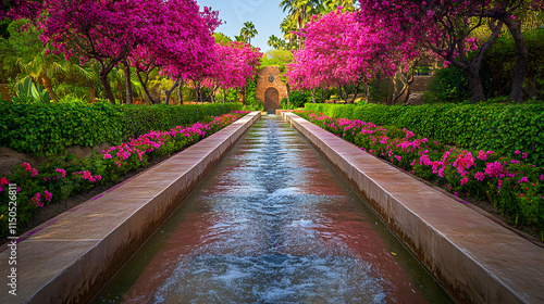 A vibrant springtime scene in the Hanging Gardens of Babylon with colorful blossoms and flowing water channels weaving through greenery.