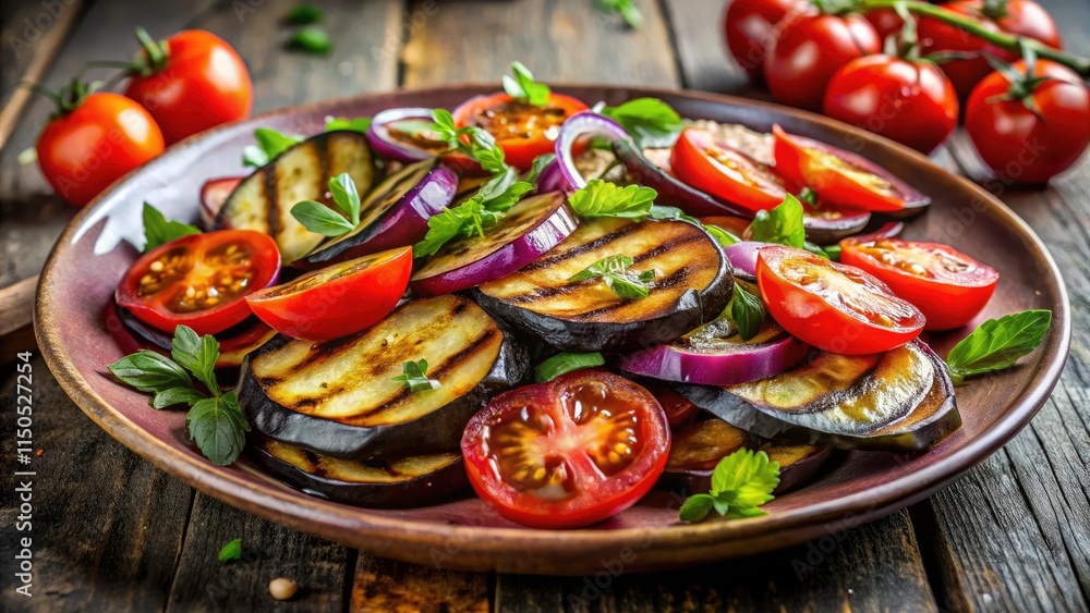 Sizzling eggplant, juicy tomatoes, and sweet onions: summer's vibrant salad, styled for a magazine shoot. Sizzling eggplant, juicy tomatoes, and sweet onions: summer's vibrant salad, styled for a magazine shoot.