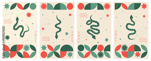 Vector set of Happy New Year 2025 vertical posters. Backgrounds with a snake and geometric shapes. Vector illustration.