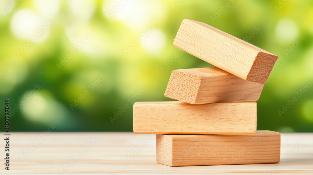 Stacked wooden blocks create playful scene against blurred green background, evoking creativity and fun
