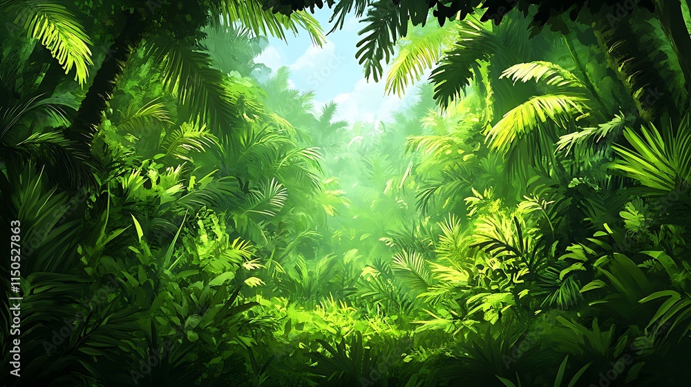 A lush, green jungle scene features dense foliage and dappled sunlight. A lush, green jungle scene features dense foliage and dappled sunlight.