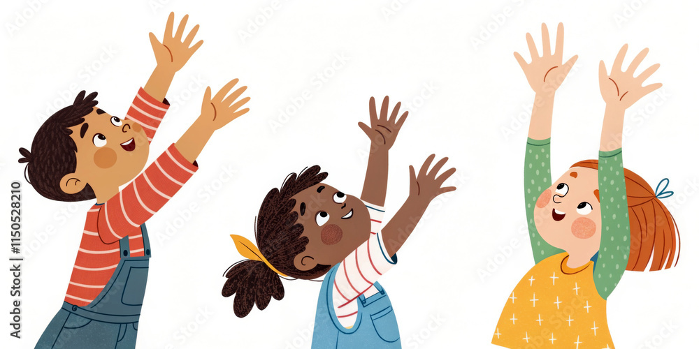 Three children joyfully reach upward with their hands extended, dressed in colorful shirts and overalls.Background is plain, highlighting the children's playful expressions and diverse hairstyles. AI Three children joyfully reach upward with their hands extended, dressed in colorful shirts and overalls.Background is plain, highlighting the children's playful expressions and diverse hairstyles. AI