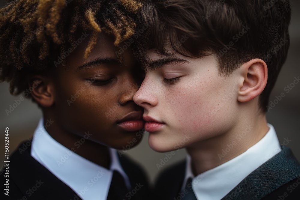 Teenage couple shares a tender kiss while in school uniforms during a bright day Teenage couple shares a tender kiss while in school uniforms during a bright day