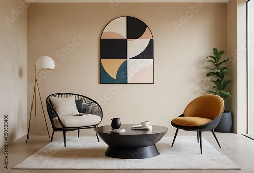 A stylish living space showcases a bcomfort sofa adorned with decorative cushions, black coffee tables and a unique floor standing lamp. The minimalist decor and natural light in room photo