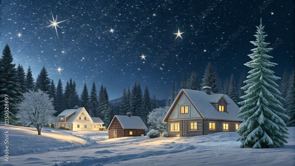 A peaceful winter village at night, with snow-covered cottages and cabins surrounded by snow-laden trees, under a dark blue sky filled with twinkling stars.
A peaceful winter village at night, with snow-covered cottages and cabins surrounded by snow-laden trees, under a dark blue sky filled with twinkling stars.
