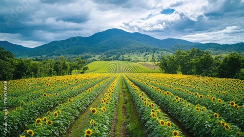 Vibrant Sunflower Field in Mountainous Terrain: A Natural Oasis for Sustainable Sunflower Oil Production
