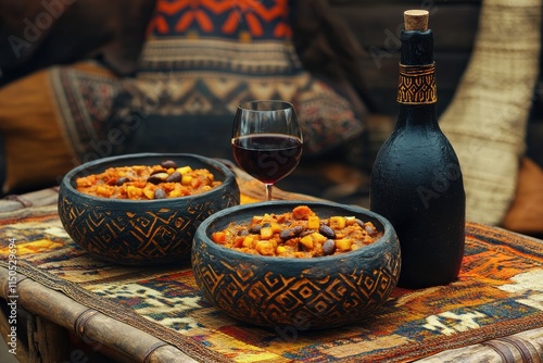 Traditional West African Fufu Meal with Palm Wine Served in Calabashes on a Woven Mat Against a Warm Moody Background