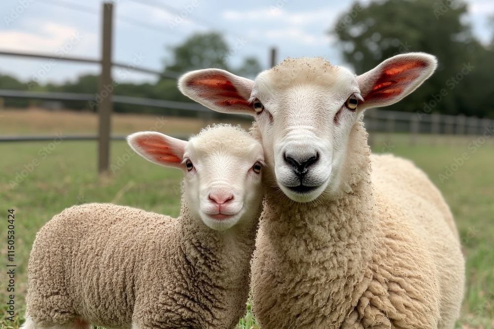 Mother sheep and her playful lamb enjoying a sunny day in a grassy field near a wooden fence Mother sheep and her playful lamb enjoying a sunny day in a grassy field near a wooden fence