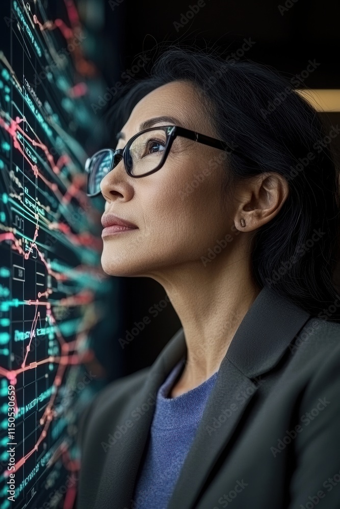 Obraz premium A businesswoman analyzing data trends with visuals depicting growth and analytics in a modern office setting.