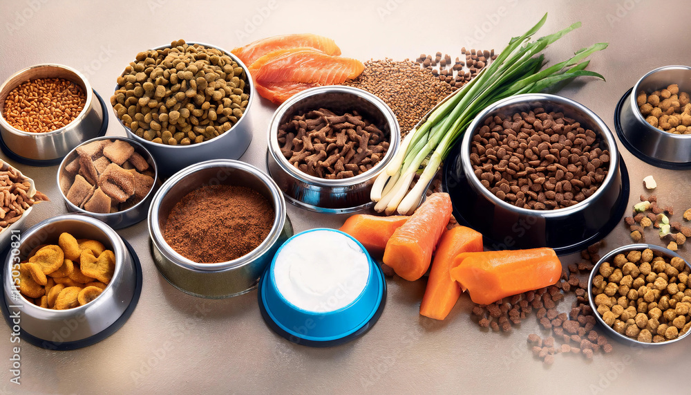 Healthy pet food options including dry kibble and biscuits in attractive bowls for pets. Concept of food for pets theme banner Healthy pet food options including dry kibble and biscuits in attractive bowls for pets. Concept of food for pets theme banner