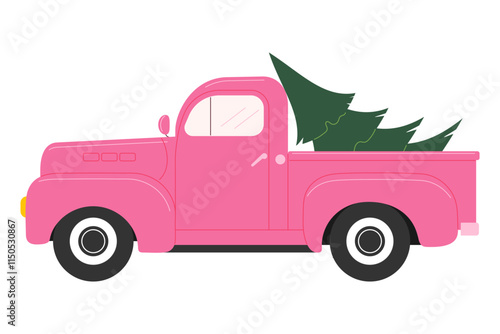 Pink retro pickup truck carrying Christmas tree. Vector illustration for holiday themed designs, Christmas cards and festive decorations
